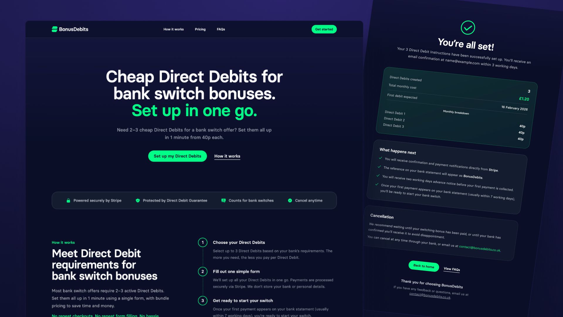 Preview of the website for BonusDebits showing homepage and confirmation of Direct Debits being setup.